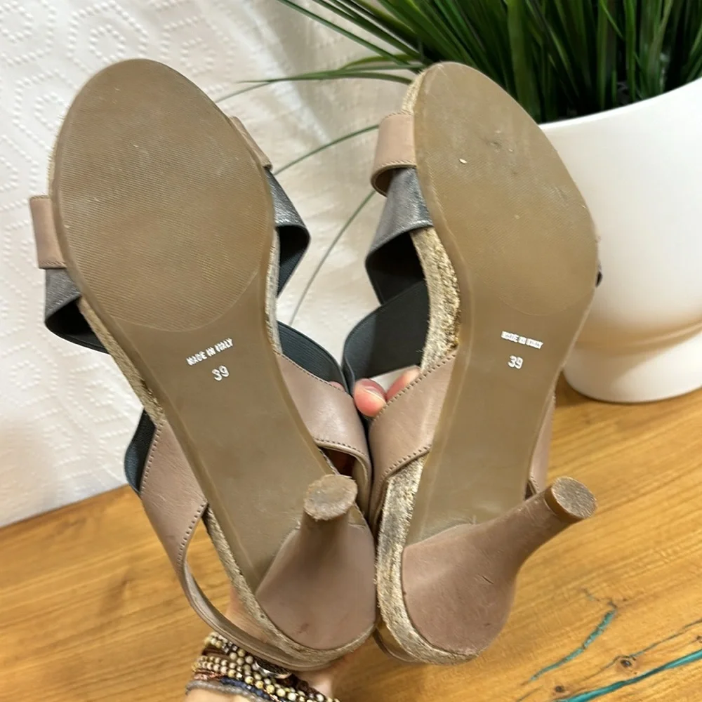 Anyi Lu Italian Dusty Pink& Silver Leather Heels Open Toe Slingback Sandals